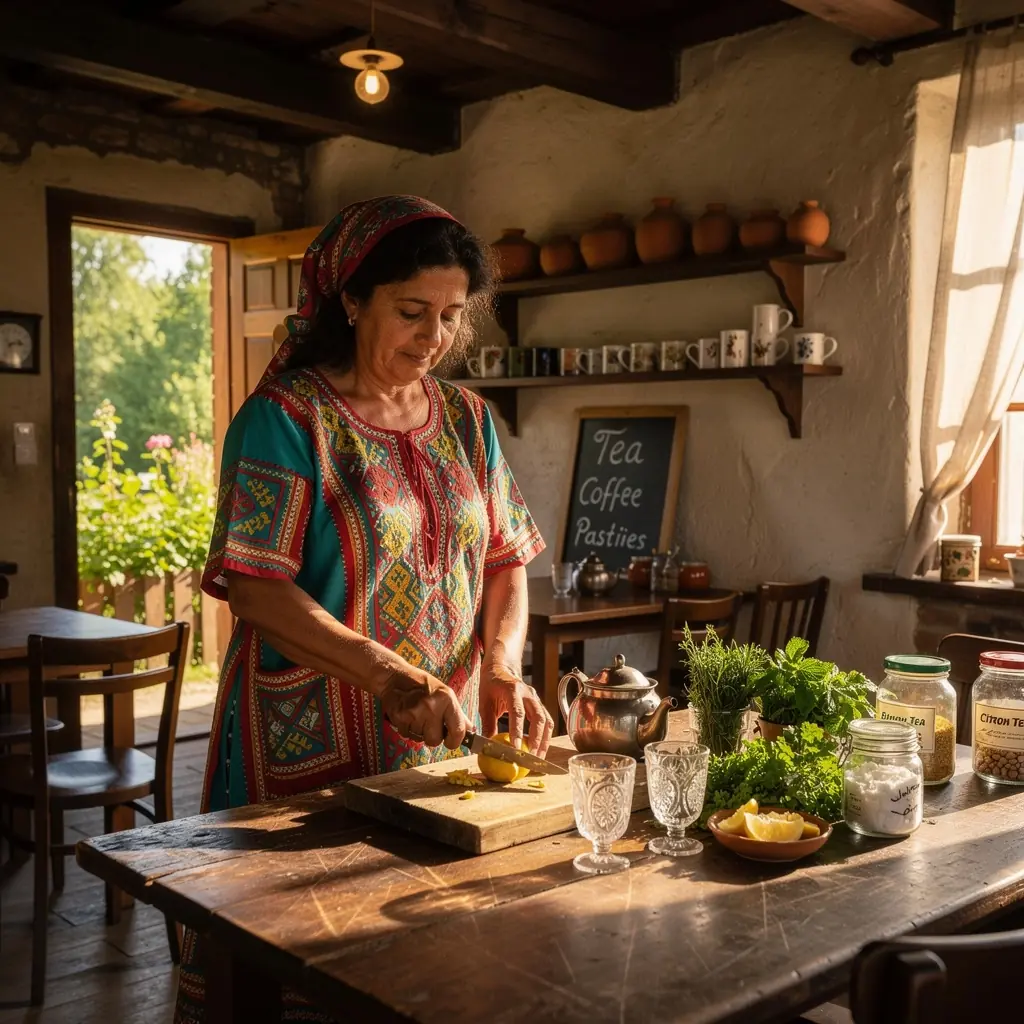 Šviežios citrinos ir prieskoniai, naudojami Jemeno citrinų arbatai, išdėstyti ant natūralaus audinio.