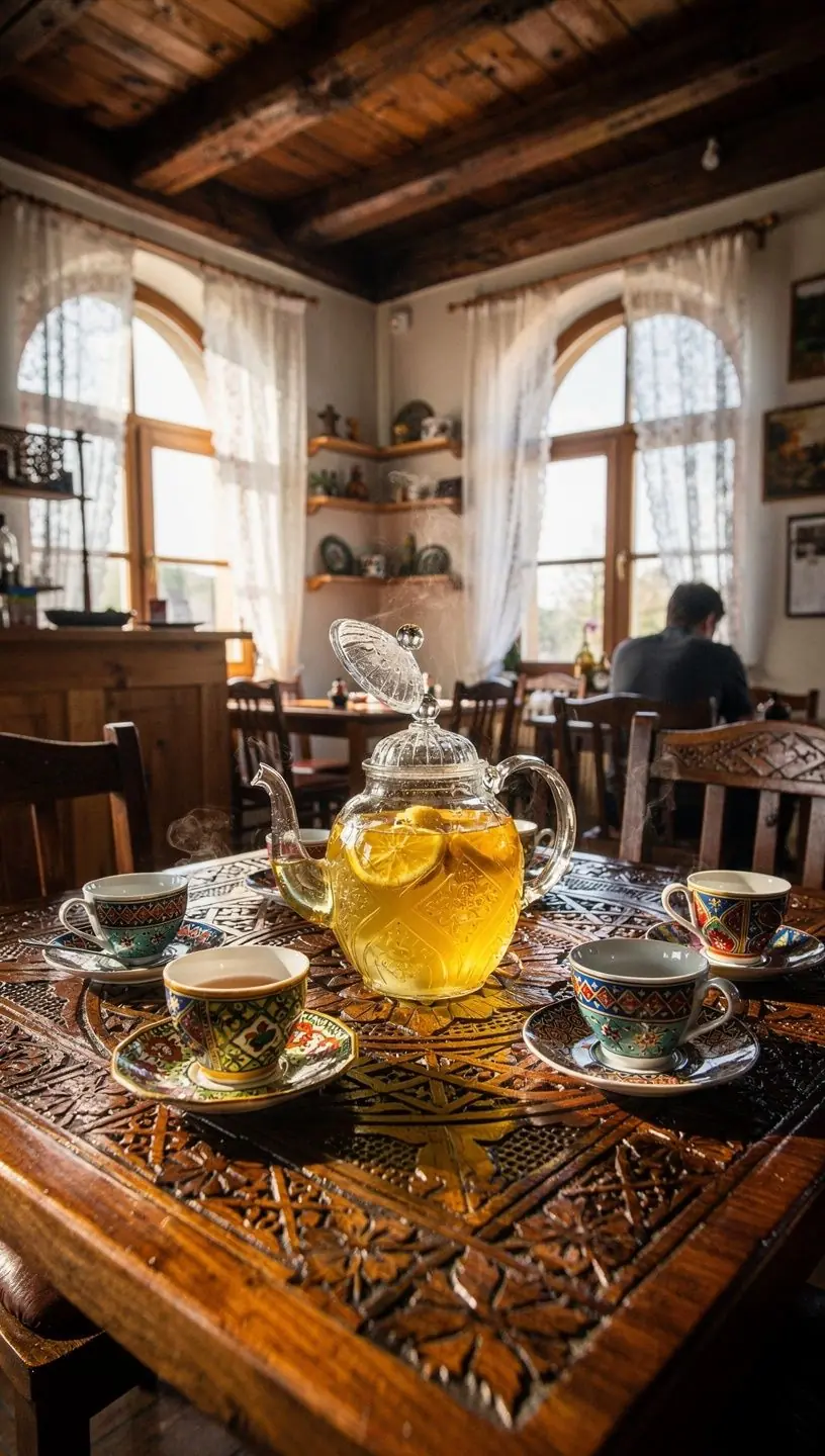 Jemeno citrinų arbata, puikiai išdėstyta ant medinio stalo, aplink ją matyti tradiciniai rytietiški indai.