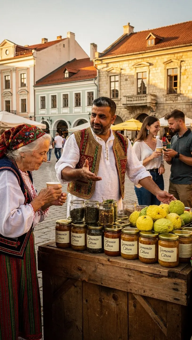 Jemeno citrinos arbata, patiekiama su šviežiais prieskoniais ir tradiciniais puodeliais.