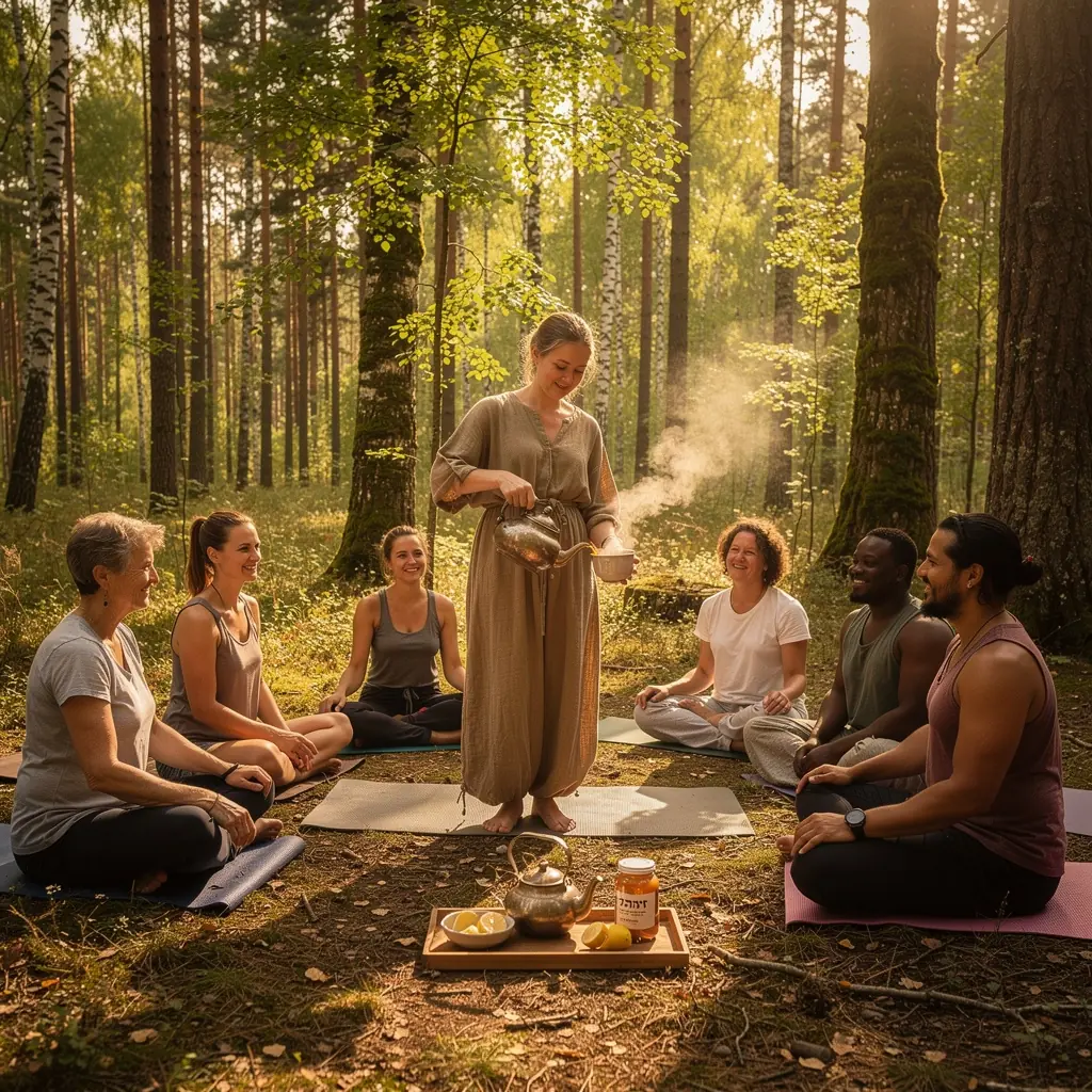 Yemenietiškos arbatos puodelis, garuojantis ir kvapnus, ant stalo su mediniais akcentais.